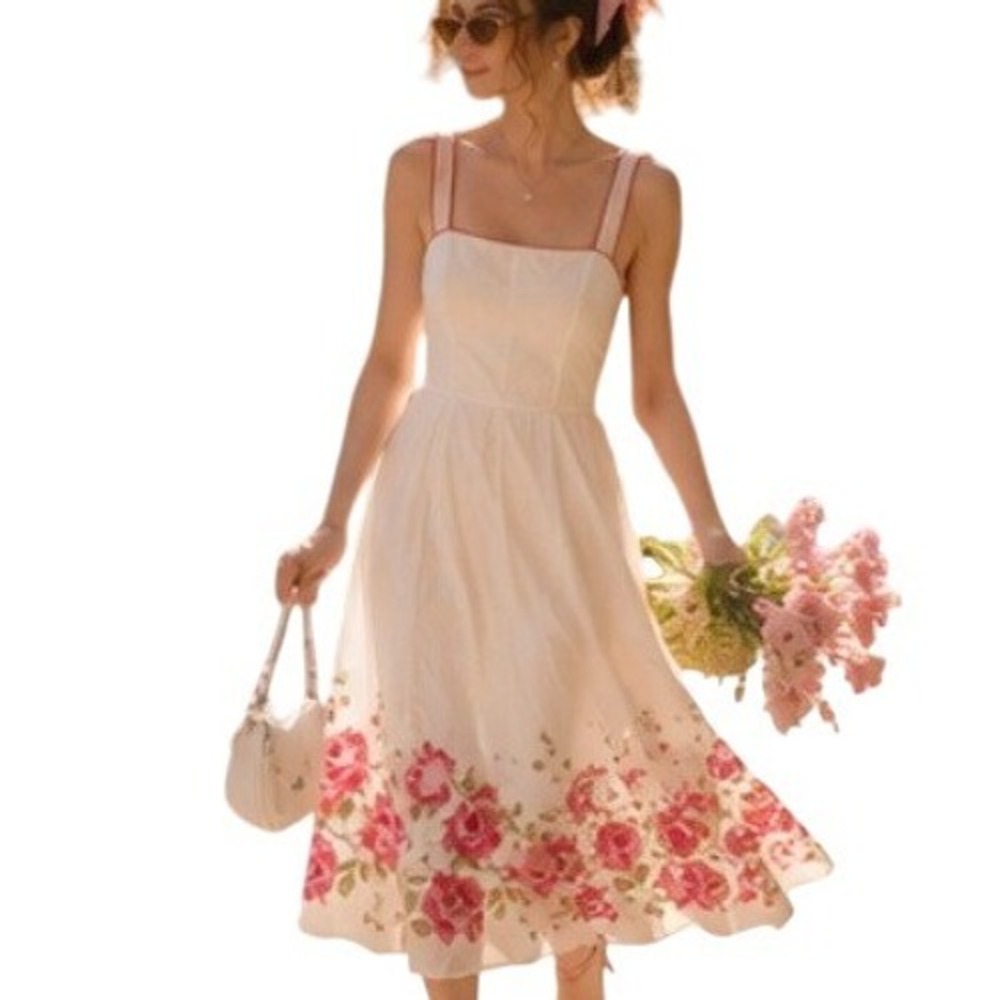 Y2K Vintage Rose Floral Midi Sun Dress Cream 20W‎ Cotton Cottage Garden Romantic